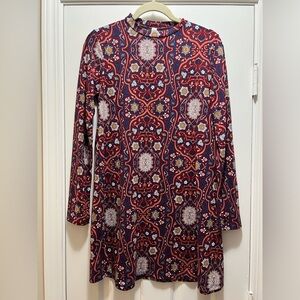 Buttery Soft Mock Neck Colorful Long Sleeve Medallion Print Dress Size Large
